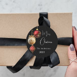 Black red gold baubles classic Christmas Classic Round Sticker<br><div class="desc">For a Christmas party favours or gift wrapping. A modern black coloured background. Decorated with red and gold baubles.  Personalise and add your name,  year.  Text: Merry Christmas</div>