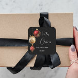 Black red gold baubles classic Christmas Square Sticker<br><div class="desc">For a Christmas party favours or gift wrapping. A black coloured background. Decorated with red and gold baubles.  Personalise and add your name,  year.  Text: Merry Christmas</div>