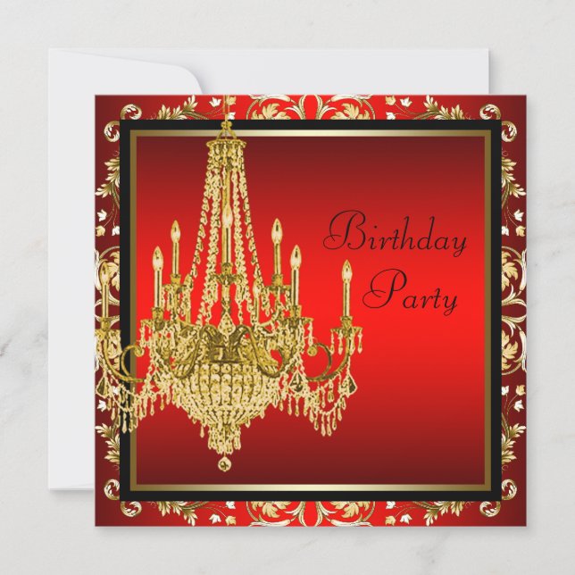 Black Red Gold Chandelier Birthday Party Invitation (Front)