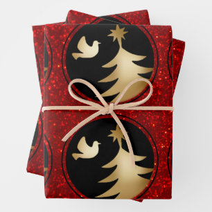 Black Red Gold Dove Christmas Tree Wrapping Paper Sheet