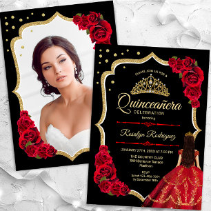 Black Red Gold Dress Quinceanera Photo Invitation