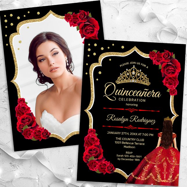 Black Red Gold Dress Quinceanera Photo Invitation (Creator Uploaded)