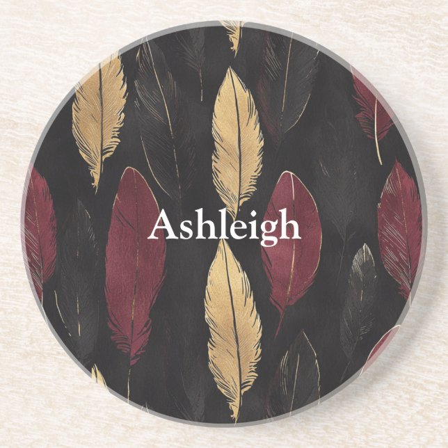 Black Red Gold Feathers Birthday Coaster (Front)