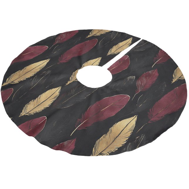 Black Red Gold Feathers Christmas Brushed Polyester Tree Skirt (Angled)