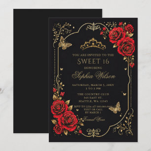 Black Red Gold Floral Butterfly Sweet 16 Invitation