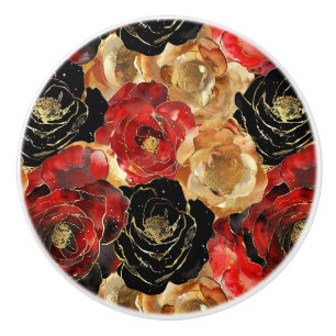 Black Red Gold Flowers Ceramic Knob