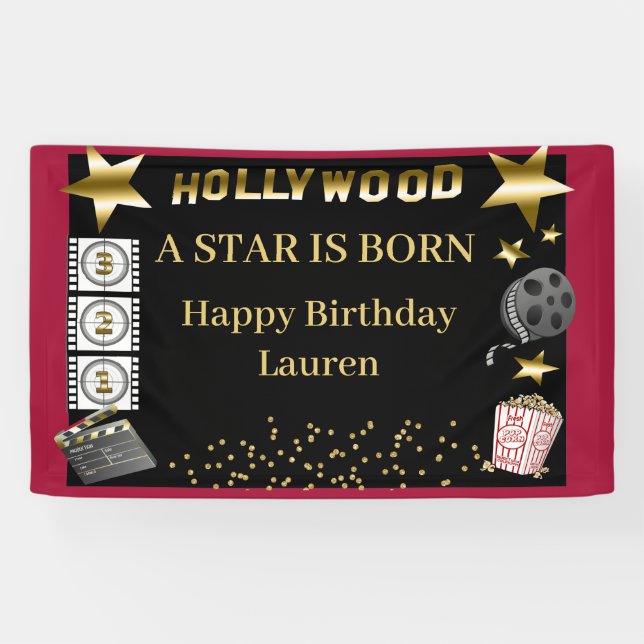 Black Red Gold Hollywood A Star is Born Birthday Banner (Horizontal)