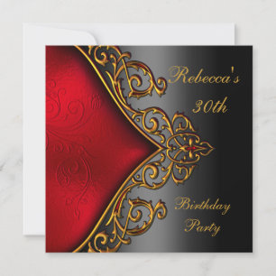 Black Red Gold Jewel 30th Elegant Birthday Party Invitation