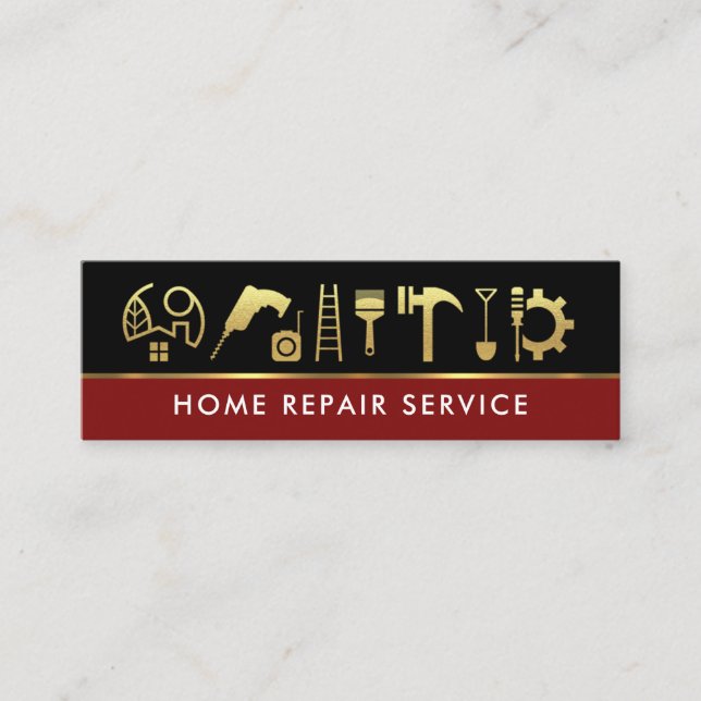 Black Red Gold Lines Construction Tools Mini Business Card (Front)