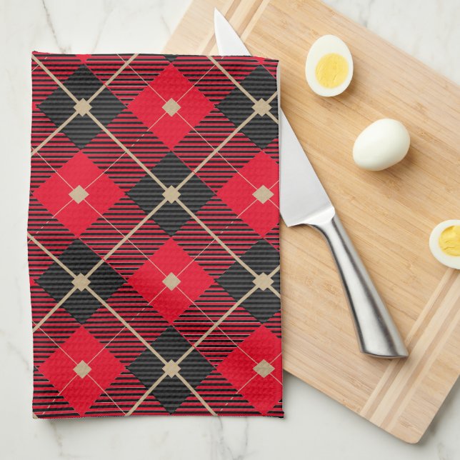 Black Red Gold Lumberjack Plaid Pattern  Tea Towel (Quarter Fold)