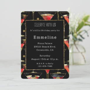 Black Red Gold Martini Birthday   Invitation