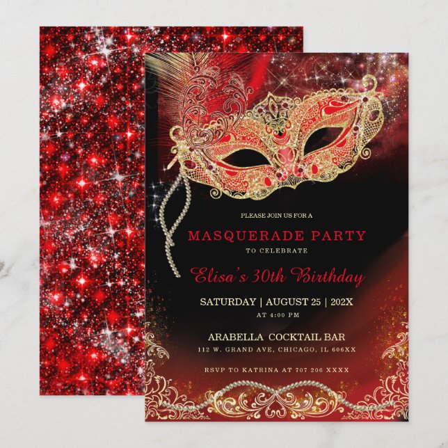 Black Red Gold  Masquerade Invitation (Front/Back)