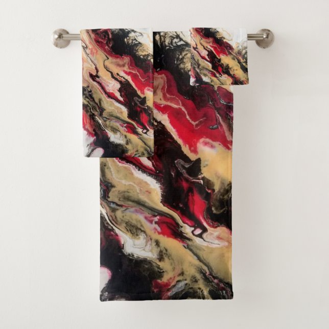 Black Red Gold Negative Space Abstract Bath Towel Set (Insitu)