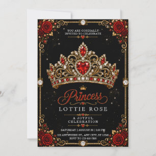 Black Red Gold Princess Crown Birthday Invitation
