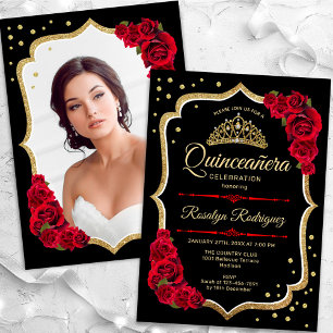 Black Red Gold Quinceanera Photo Invitation