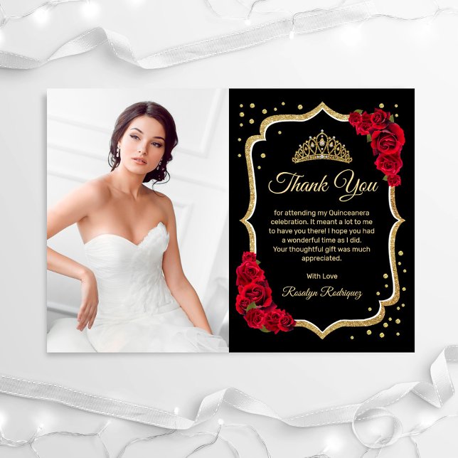 Black Red Gold Quinceanera Photo Thank You Card (Creator Uploaded)