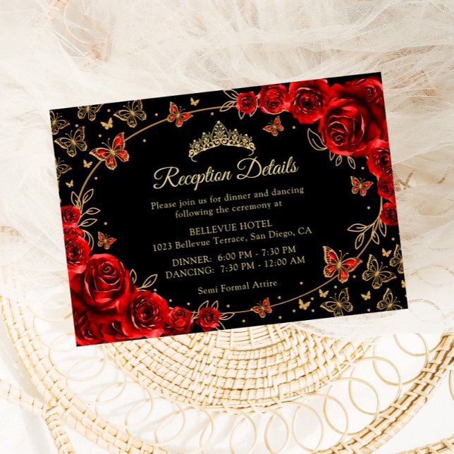 Black Red Gold Quinceanera Reception Details Enclosure Card (Creator Uploaded)