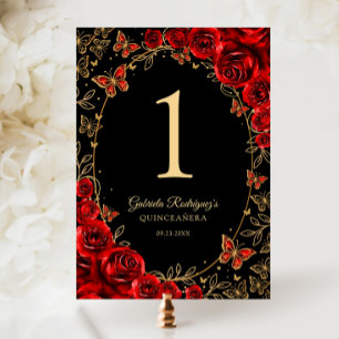 Black Red Gold Quinceanera Table Number