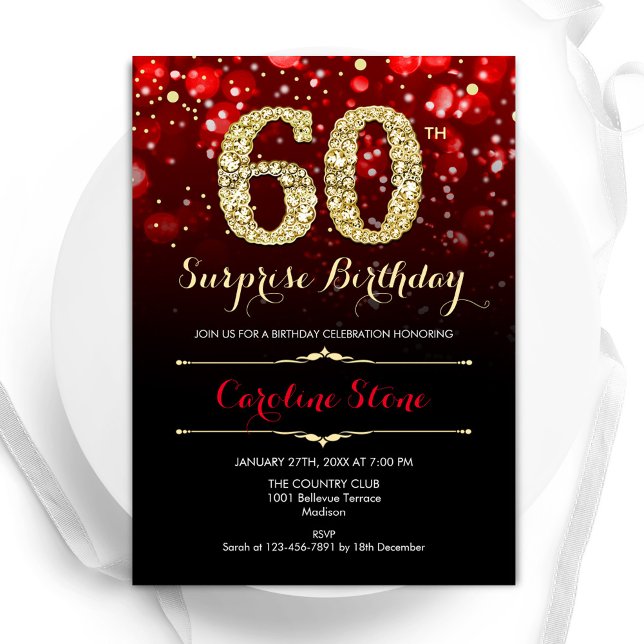 Black Red Gold Surprise 60th Birthday Invitation (Creator Uploaded)