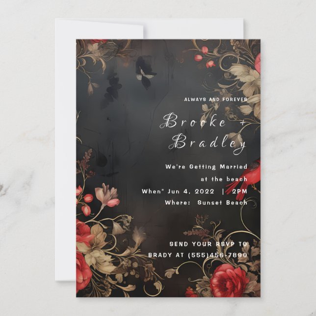 Black & Red Gothic Floral Wedding Invitation (Front)
