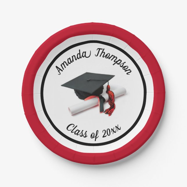 Black Red Graduation Cap and Tassel | Custom Paper Plate (Front)