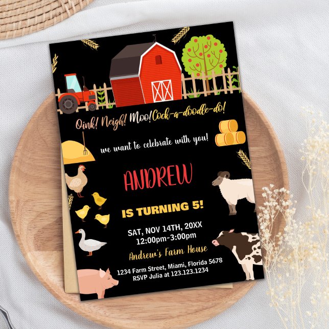Black Red Green Farm Animals Birthday Invitations (Black Red Green Farm Animals Birthday Invitations)