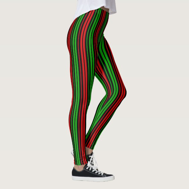 Black Red Green Stripes Pattern   Leggings (Right)