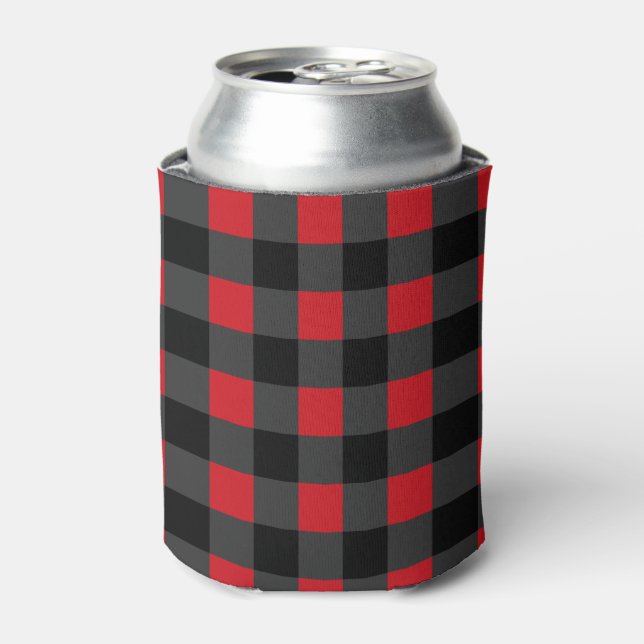 Black Red & Grey Plaid Checked - Can Cooler (Can Front)