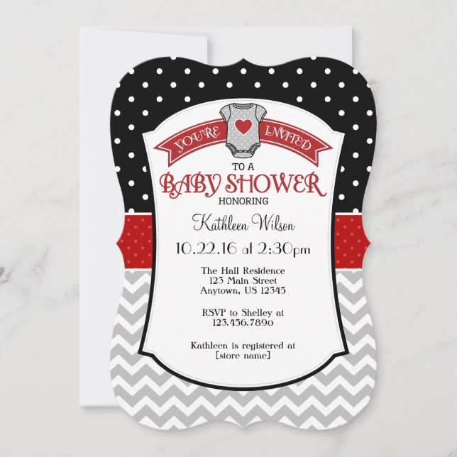 Black Red Grey Polkadot Chevron Baby Shower Invite (Front)