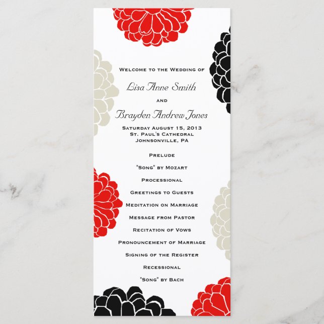 Black Red Grey Zinnia Flower Wedding Program (Front)