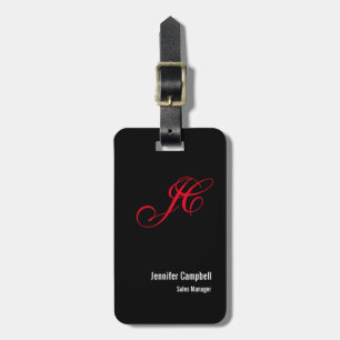 Black Red Handwriting Monogram Name Minimalist Luggage Tag