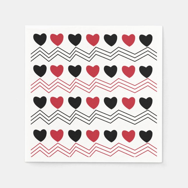 Black Red Hearts Chevron Stripe Pattern Party Napkin (Front)
