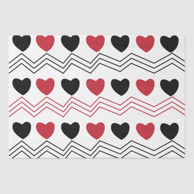 Black Red Hearts Chevron Stripe  Tissue Paper (Front)