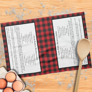 Black Red Holiday Gingham Plaid Family Recipe  Tea Towel
