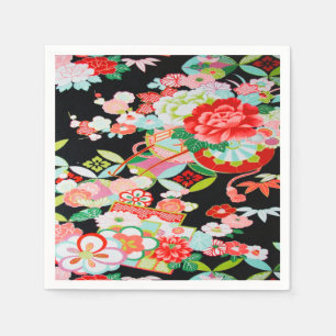 Black Red Japanese Kimono Floral Decoupage Paper Napkin