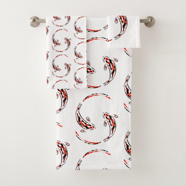 Black & Red Japanese Koi Fish Artistic Pattern Bath Towel Set (Insitu)