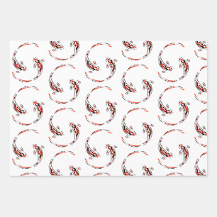 Black & Red Japanese Koi Fish Artistic Pattern Wrapping Paper Sheet