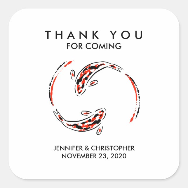 Black & Red Japanese Koi Fish Artistic Wedding Square Sticker (Front)