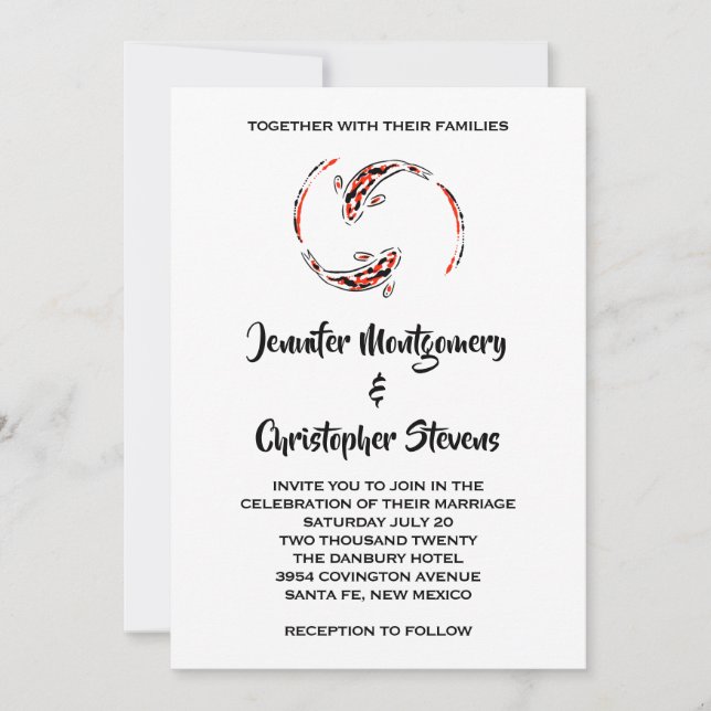 Black & Red Japanese Koi Fish Pair Wedding Invitation (Front)