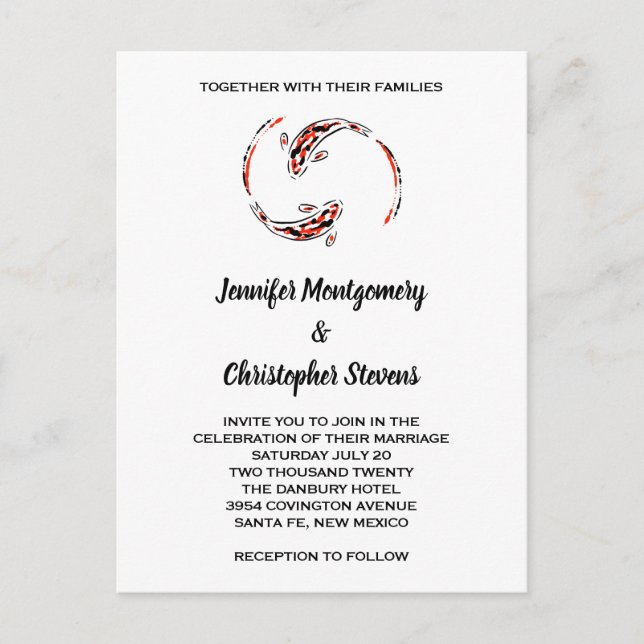 Black & Red Japanese Koi Fish Pair Wedding Invitation Postcard (Front)