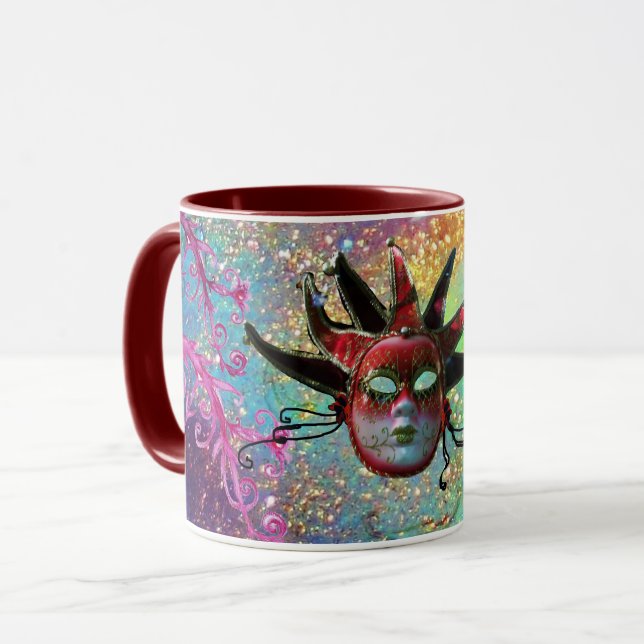 BLACK RED JESTER MASK Masquerade Blue Pink Floral Mug (Front Left)