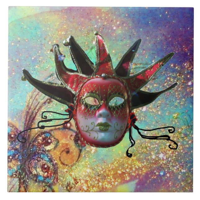 BLACK RED JESTER MASK Masquerade Green Blue  Ceramic Tile (Front)