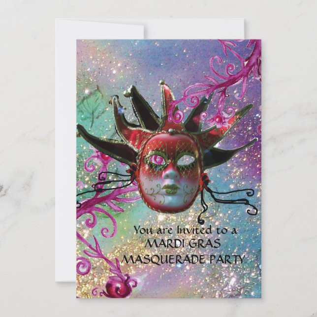 BLACK  RED JESTER MASK ,Masquerade Party Blue Invitation (Front)