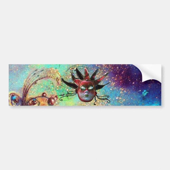 BLACK  RED JESTER MASK ,Masquerade Party Bumper Sticker (Front)