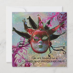 BLACK  RED JESTER MASK ,Masquerade Party Champagne Invitation