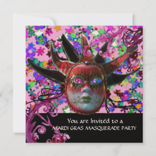 BLACK  RED JESTER MASK ,Masquerade Party Gold Invitation