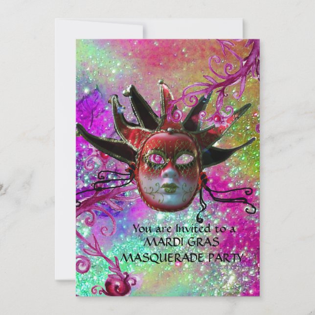 BLACK  RED JESTER MASK ,Masquerade Party Gold Invitation (Front)