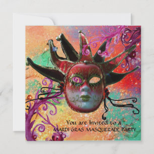BLACK  RED JESTER MASK ,Masquerade Party Gold Invitation
