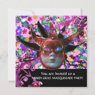 BLACK RED JESTER MASK ,Masquerade Party Invitation