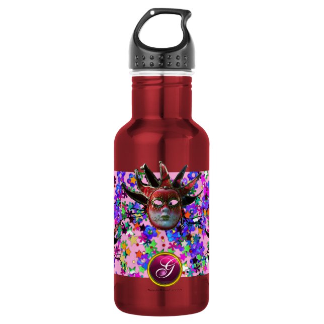 BLACK  RED JESTER MASK ,Masquerade Party Monogram 532 Ml Water Bottle (Front)